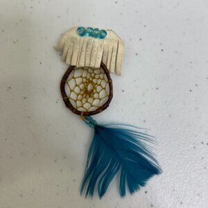 Dreamcatcher Brooch Pin‎ Feather Blue Suede Fringe Beaded Southwestern